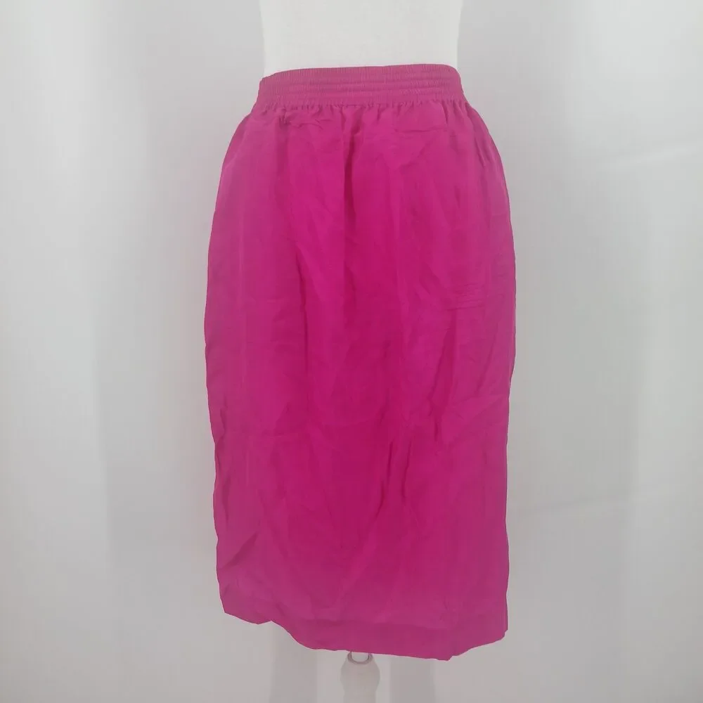 womans vintage color fx 100% silk hot pink midi skirt with pockets 80s aesthetic